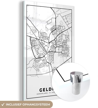 MuchoWow® Glasschilderij 40x60 cm - Schilderij acrylglas - Kaart - Geldrop - Zwart - Wit - Foto op glas - Schilderijen