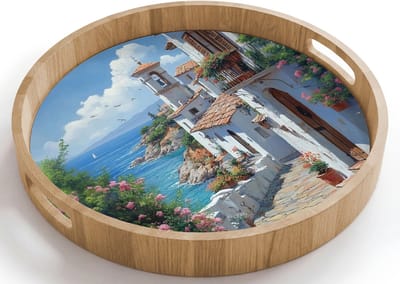Dienblad rond 40x40 cm - Schootdienblad hout - Huizen - Zee - Bomen - Bloemen - Borrelplank rechthoek - Plateau houten dienbladen