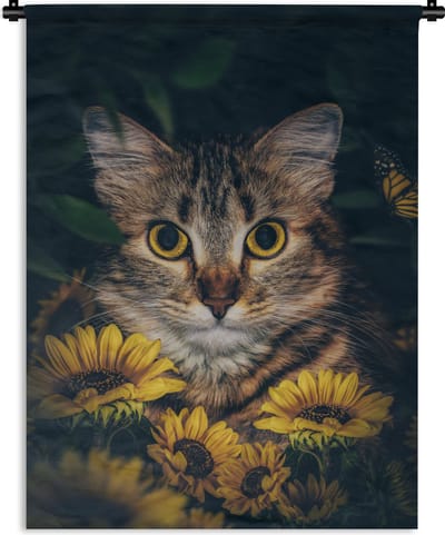 Wandkleed - Wanddoek - Kat - Geel - Bloemen - Botanisch - 90x120 cm - Wandtapijt