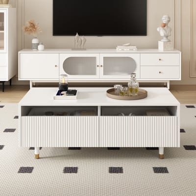 REDOM Salontafel LED 7-kleur, gewelfde acryllades, 2 ruime lades, massief hout poot wit-goud, 110×50×40 cm