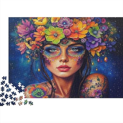 Bloemen kroon puzzel - Vrouwenschilderij Legpuzzel - Ontspannend Spel - Nauwkeurig Gestanst - 52 x 38 cm - Stijl-6