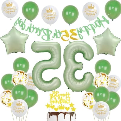 Feestelijke 35e Verjaardag Decoratie met Olijfgroene Ballonnen en Gouden Cake Topper voor Mannen en Vrouwen, Perfect voor een 35 Jaar Feest Thema