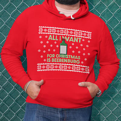 Foute Kerst Hoodie Rood All I Want For Christmas Is Beerenburg XS - Uniseks Pasvorm - Kerstkleding Voor Dames & Heren