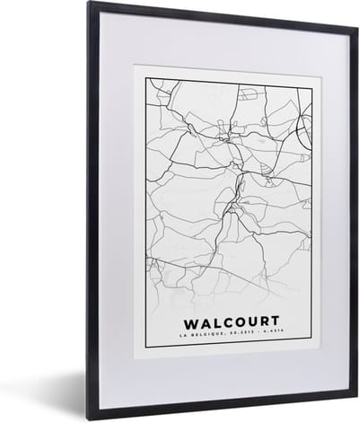 Fotolijst incl. Poster Zwart Wit- Zwart Wit – België – Plattegrond – Stadskaart – Kaart – Walcourt - 30x40 cm - Posterlijst