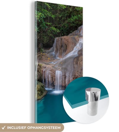 MuchoWow® Glasschilderij 20x40 cm - Schilderij acrylglas - Waterval - Rots - Landschap - Foto op glas - Schilderijen