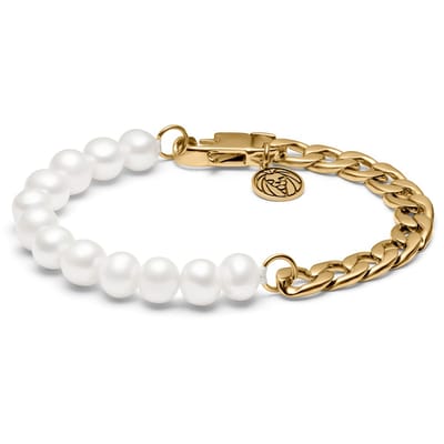 Chad Amager - Goudkleurige Armband met Curbschakels & Parels