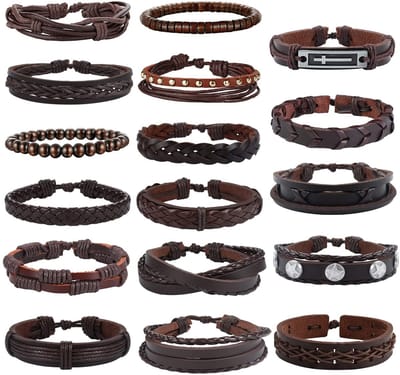 Dailygoods- Leren Armband Set 17 Stuks - Verstelbare Punk Armbanden - Vintage Polsbandjes - Zwart Touw Met Kralen - Fluwelen Geschenkzakje - Armbandenset