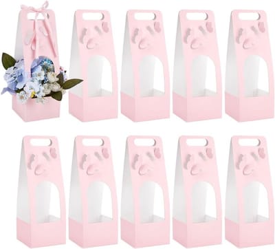 Dailygoods- Cadeauzakjes 10 stuks - Papieren Zakjes - Boeketdozen met Venster - Roze Bloemen - Verpakking voor Bruiloft/Verjaardag - 12 x 12 x 34,5 cm