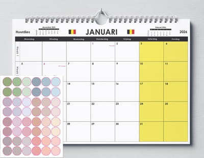 Huurdies® - Kalender 2026 - A3+ - 48 morandi stickers - Belgische Feestdagen - Dagenteller - Weeknummers