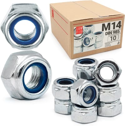 LUN FIX - Beveiligingsmoeren M14 - 10 stuks - DIN 985 - Zelfborgende moeren met nylonring - verzinkt staal - Stopmoeren Zeskantmoeren