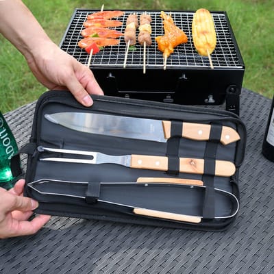 4 Delig BBQ Gereedschapset in Draagtas - Barbeque accessoires Set - Grill - Barbeque Tang Spatel Vleesvork - Rvs/Hout