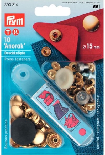Naaivrijdrukknopen ANORAK 15 mm goudkleurig 10 st. - Drukknopen Sport & Camping - Prym