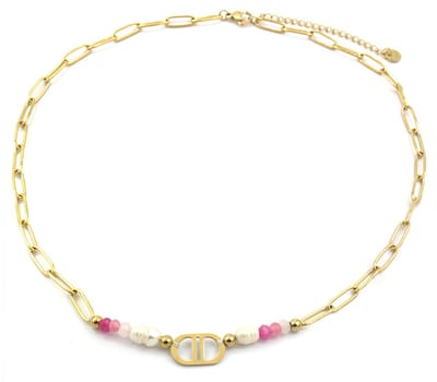 Ketting - Parels en Kralen - RVS - Lengte 39-44 cm - Goudkleurig en Roze