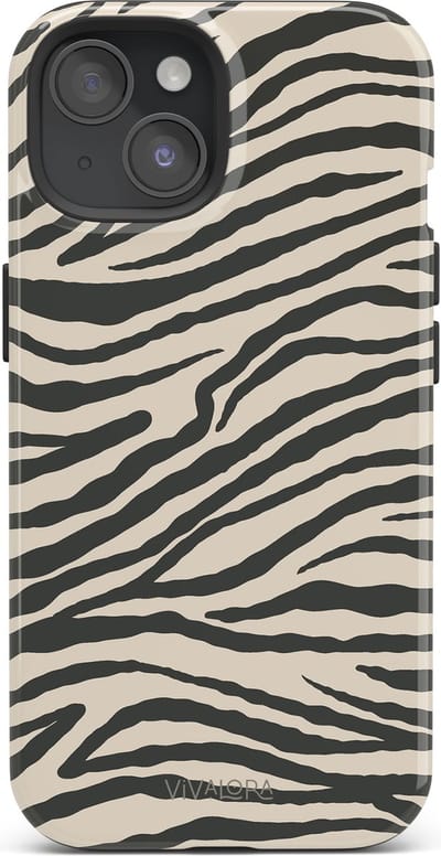 VivaLora Tough Telefoonhoesje iPhone 15 met MagSafe - Wild Lines Zebra Print - 2-in-1 Phone Case - Hard Case & Siliconen Backcover - Extra Bescherming - Shockproof Cover - Zwart/Wit Zebraprint