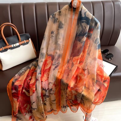 Écharpe en soie mode Foulard pour femme Étole fine Plage Voyage Châle Long Voile Fleuri Écharpes de luxe Pareos doux haut de gamme brown