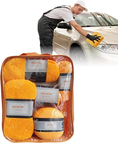 Auto Was Kit - Reinigingsset Auto - Auto Reinigen - 9 Delige Set - Compact Opbergbaar - Oranje