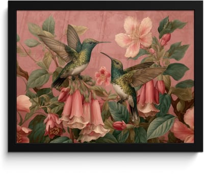 Poster in lijst - Fotolijst 40x30 cm - Posters - Kolibries - Bloemen - Groen - Roze - Posterlijst zwart - Decoratie - Wanddecoratie woonkamer - Muurdecoratie slaapkamer