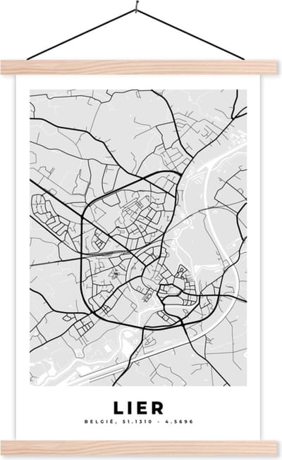 Posterhanger incl. Poster 40x60 cm - Schoolplaat - Stadskaart – Plattegrond – België – Zwart Wit – Lier – Kaart - Textielposter - Blanke latten - Stadskaart