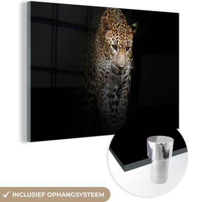 MuchoWow® Glasschilderij 120x80 cm - Schilderij acrylglas - Luipaard - Reflectie - Zwart - Foto op glas - Schilderijen