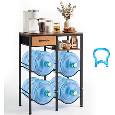 VEVOR Waterkanhouder, 4 Lagen, Dubbele Rijen, voor 4 Flessen, Waterkanrek met Opbergvak en Lade, Waterdispenserrek, Waterflessenrek, Watercontainerrek voor Keuken en Woonkamer