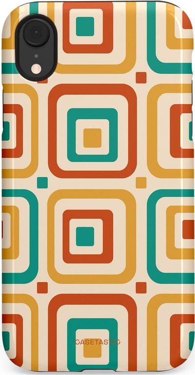 Casetastic hoesje geschikt voor Apple iPhone XR - Dubbellaagse bescherming - Retro Vierkant verlangen - Fashion Case - Crème Terracotta Goud Turquoise