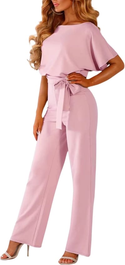 Effen Dames Jumpsuit – Zomerse Elegante Overall met Wijde Pijpen, Korte Mouwen en Tailleriem, Comfortabele en Stijlvolle Gelegenheidsjumpsuit - Roze - Maat S