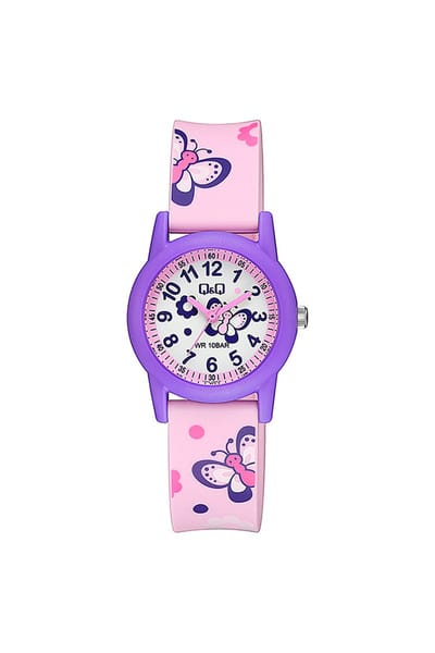 Q&Q V22A-009VY - Horloge - Sport - Analoog - Kinderen - Unisex - Plastic band - Rond - Kunststof - Cijfers - Vlinder - Paars - Roze - Wit - 10 ATM