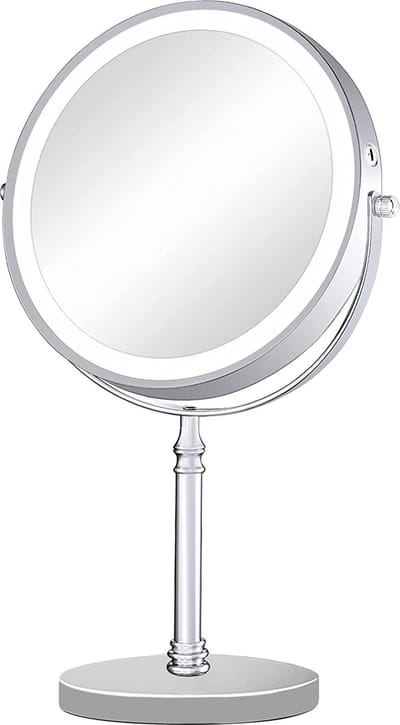 Make-upspiegel verlicht met 1X/10X vergroting en dimbare helderheid, oplaadbare dubbelzijdige make-up make-upspiegel 360° draaibaar voor thuis