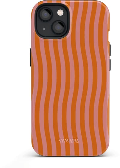 VivaLora Tough Telefoonhoesje iPhone 13 Mini met MagSafe - Tropical Dream Print - 2-in-1 Phone Case - Hard Case & Siliconen Back - Extra Bescherming - Shockproof - Golvende strepen - Roze/Oranje
