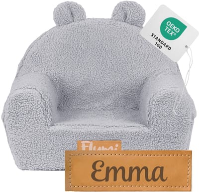 Flumi - Kinderfauteuil - Bouclé kinderstoel grijs - Met oortjes - Gepersonaliseerd met naamgravure