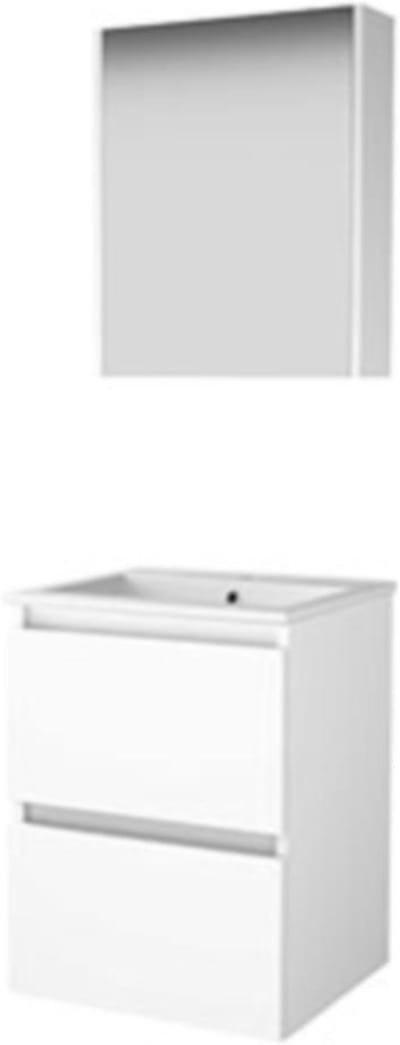 Basic-Line Comfort 46 Badkamermeubelset - 50 x 46 cm - Greeploos - 2 Lades - Keramische Wastafel - 1 Kraangat - Spiegelkast - Ice White