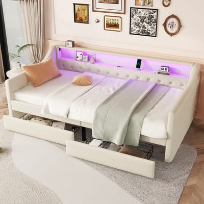 DESMIU Daybed 90 x 200 cm – Slaapbank Met Leeslamp En Oplaadfunctie – Hoofdbord Met Opbergruimte En 2 Lades – Voor Slaapkamer – Linnenlook – Beige – Zonder Matras