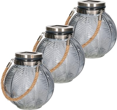 3x stuks grijze solar lantaarn van gestreept glas rond 16 cm - Tuinlantaarns - Solarverlichting - Tuinverlichting