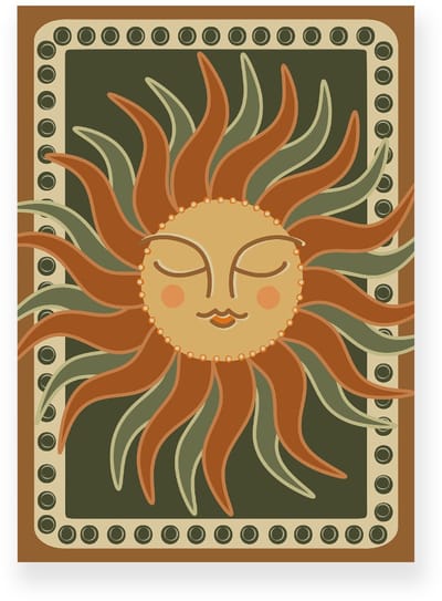 Poster 20x30 cm - Zon met gezicht - Groen - Bruin - Boho - Spiritueel - Muurdecoratie - Wanddecoratie