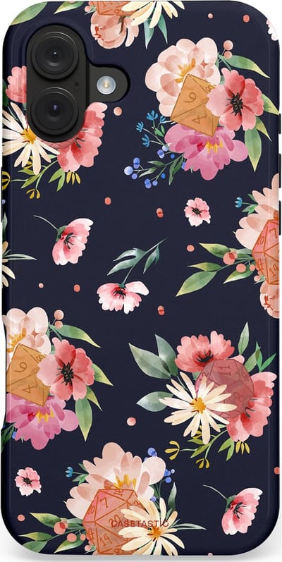 Casetastic hoesje geschikt voor Apple iPhone 16 Plus - MagSafe - Dubbellaagse bescherming - Bloemenkracht met D20 - Fashion Case - Zwart Perzik Zand Grijs