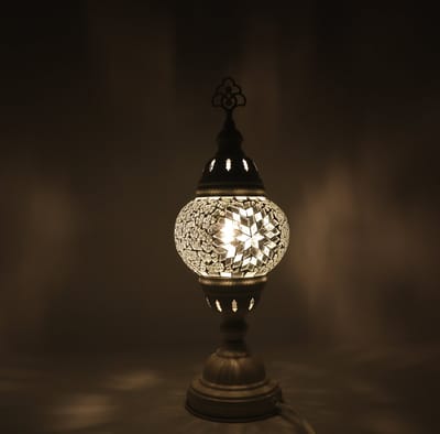 Turkse Lamp - Wit Mozaïek Lamp - Tafellamp - Marokkaanse Lamp - Oosterse Lamp - Recht  Hoog model -  bol diameter Ø  12 cm - Hoogte 42 cm - Authentiek - Handmade - Kleurrijk -