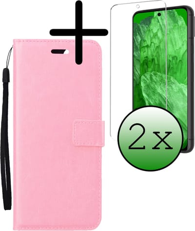 Hoesje Met 2x Screenprotector - Geschikt voor Google Pixel 8a - Luxe Pasjeshouder - Bookcase Portemonee - Flip Case - Kunstleer Book Case - Flipcase Hoes - Book Cover - Walletcase - Portemonneehoes - Lichtroze