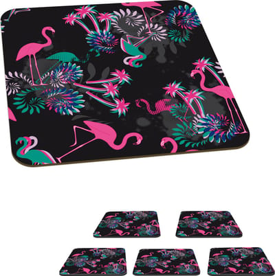 Onderzetters voor glazen - Flamingo - Patroon - Roze - Jungle - 10x10 cm - Glasonderzetters - 6 stuks