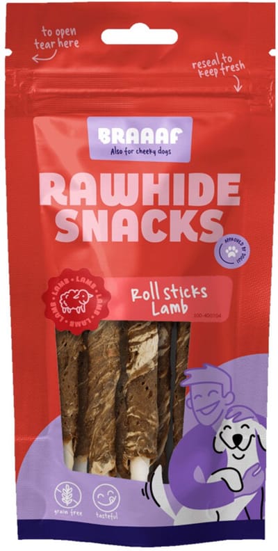 Braaaf Hondensnack Rol Sticks Lam - Vis 12 cm - 10 x 80 gr - Voordeelverpakking