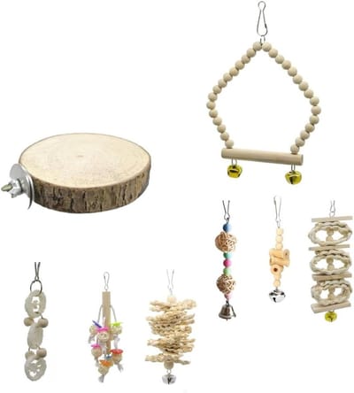 Vogel speelgoed set - Papegaai accessoires - Stimuleert spelgedrag - Natuurlijk hout materiaal - 8 delig - Multicolor