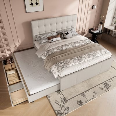 MEUNIQ gestoffeerd tweepersoonsbed 140x200 cm met uitschuifbaar bed, 3 lades en verstelbaar hoofdbord, bedframe voor slaapkamer, beige