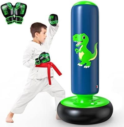 Opblaasbare Staande Bokszak voor Kinderen 122 cm - Trainingszak voor Karate, Taekwondo en MMA - Ideaal voor 3-6 Jaar - Groen Dinosaurus Ontwerp