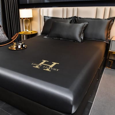Drap-housse en satin haut de gamme avec élastique, couleur unie, soyeux, lisse, antidérapant, protège-matelas, couvre-lit, linge de lit 2xPillowcase 48x74cm black