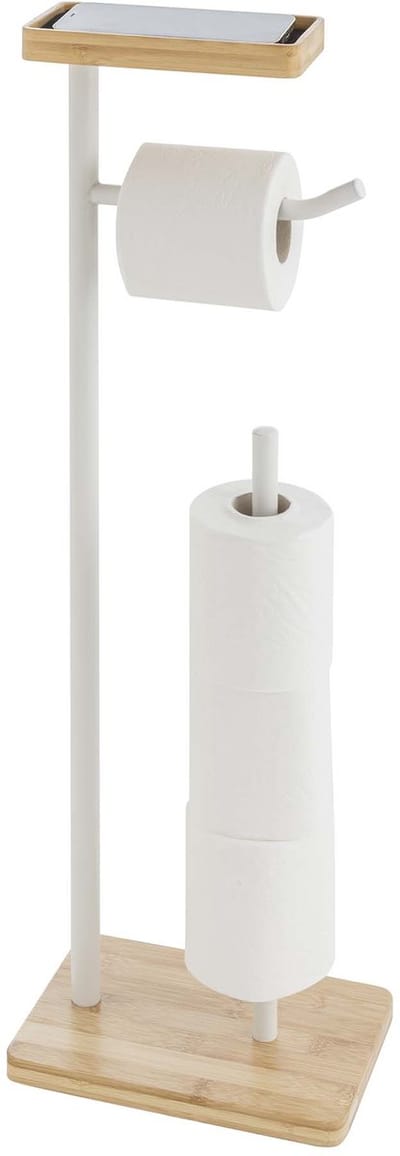 Wicotex Toiletrolhouder Filano – Wit Metaal met Bamboe – Vrijstaand – Met Opbergruimte & Smartphonehouder