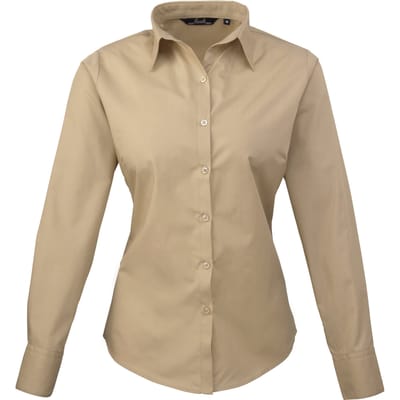 Premier Dames/dames Poplin Blouse met lange mouwen / Gewoon werk overhemd (Khaki)