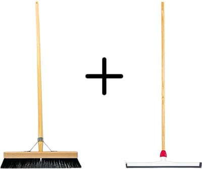 Synx Tools Paardenhaar 40cm + Vloertrekker Kunststof 45cm met Steel 120cm – Zaalveger – Vloerreiniger – Natuurrubber – Zachte binnenbezem met steel 160cm