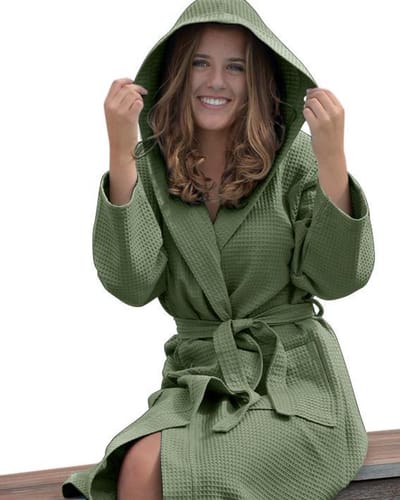 ARTG® Robezz - Wafelbadjas met Capuchon - Legergroen - Army Green - Katoen - Maat XS