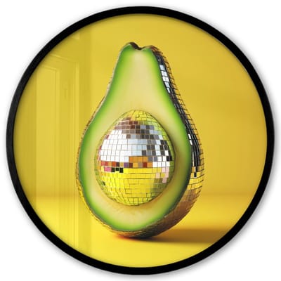 Poster in lijst Rond - Fotolijst 40x40 cm - Posters - Avocado - Discobal - Geel - Glitter - Ronde posterlijst zwart - Decoratie - Wanddecoratie woonkamer - Muurdecoratie slaapkamer