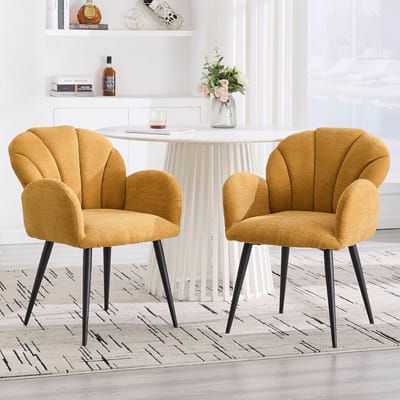 Eetkamerstoel set van 2 – Novihome SunShell™ gestoffeerde keukenstoelen met armleuningen, chenille bekleding, metalen frame, comfortabele en stijlvolle stoelen voor eetkamer, woonkamer of kantoor, geel