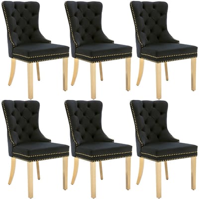 YEHTOKHOME Set van 6 Fluwelen eetkamerstoelen, Keukenstoel woonkamerstoel met deurklopper, Gestoffeerde stoel met klinknagels, Eetkamerstoel in vintage stijl, Gouden metalen poten, Zwart, b 51 x d 65.5 x h 95 cm